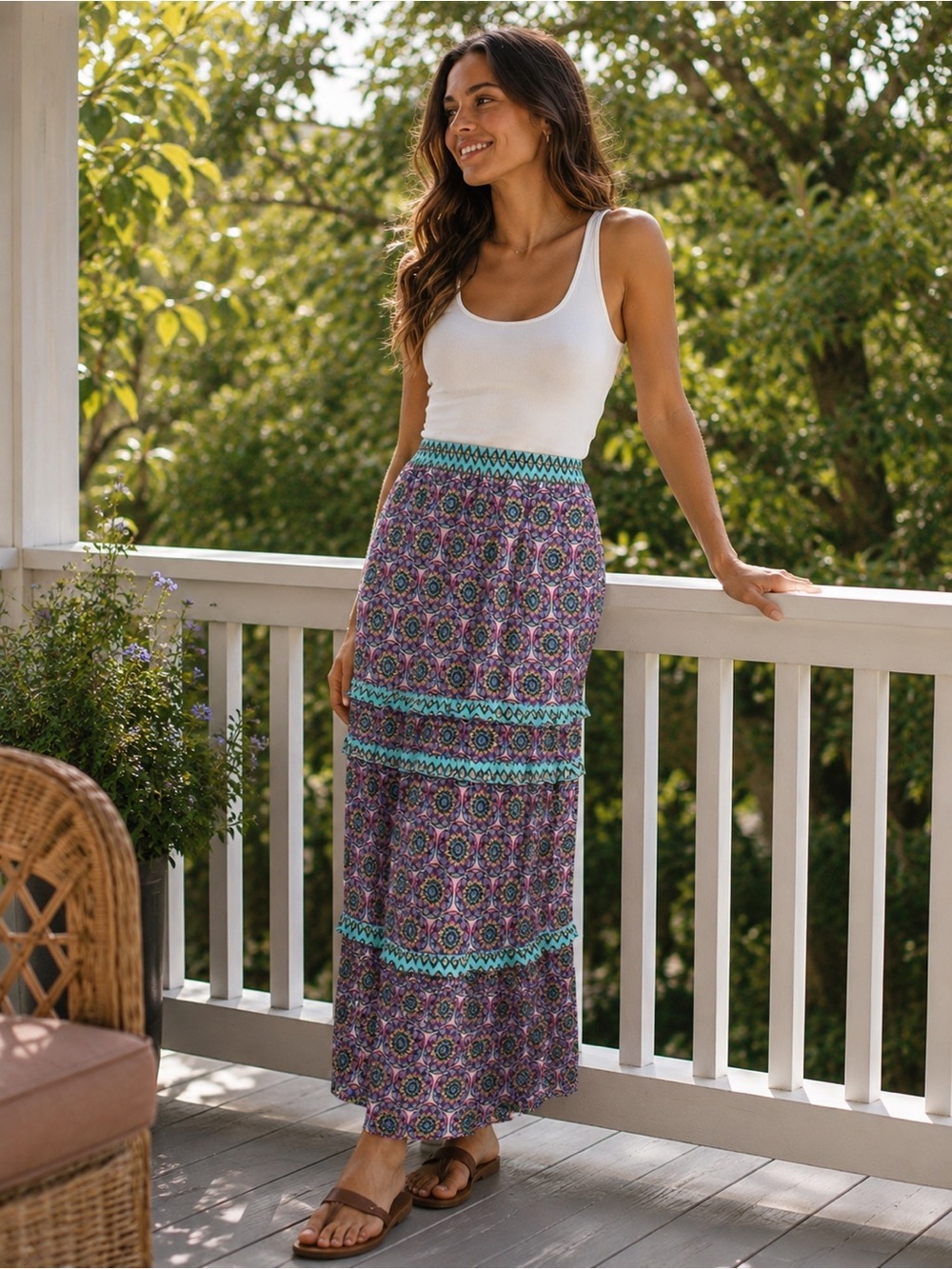 Nicole Miller Collection Silk Blend Boho Maxi Skirt Pink Medallion Medium